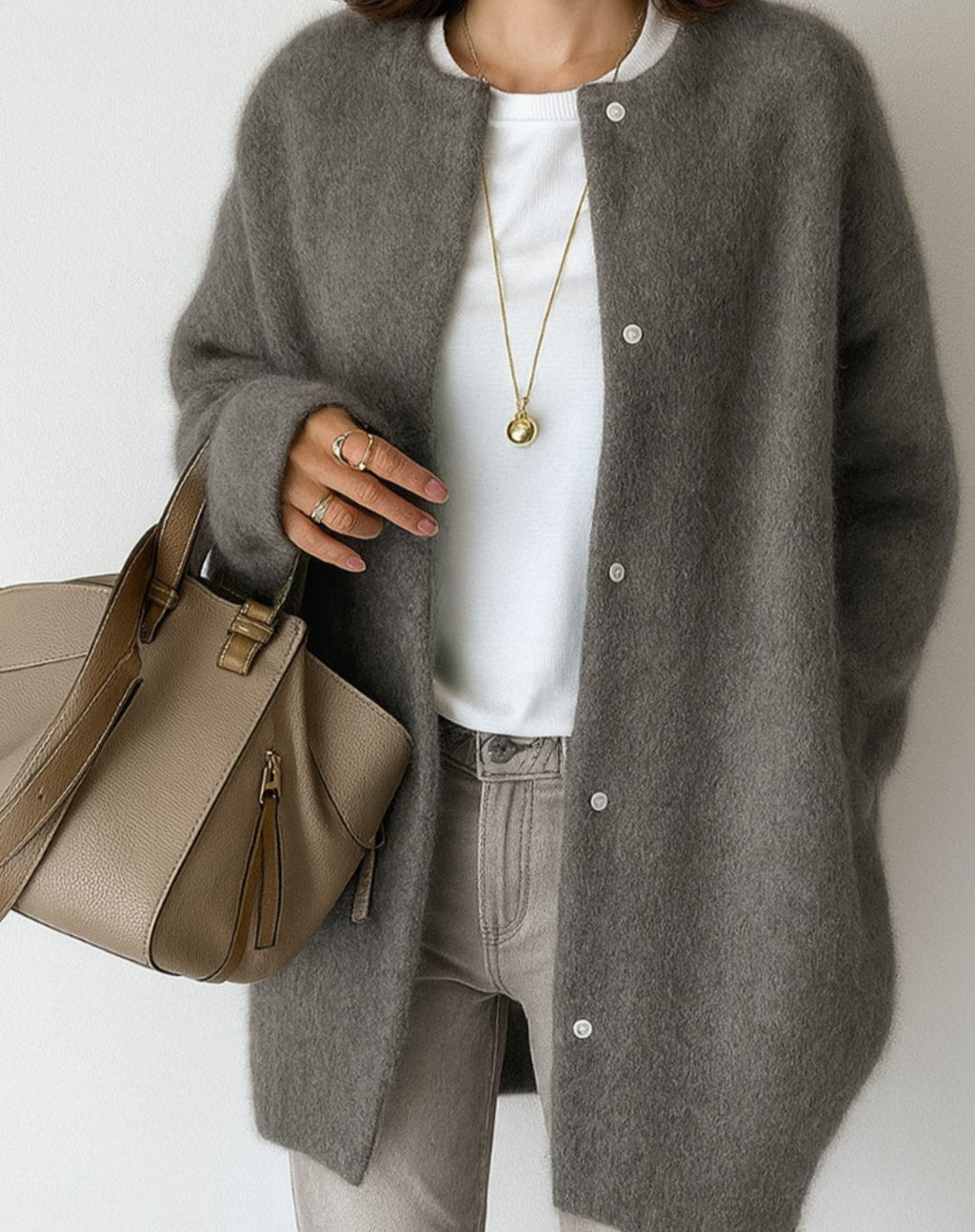 Women's Relaxed-Fit Button-Front Crew Neck Cardigan Sweater - Grey