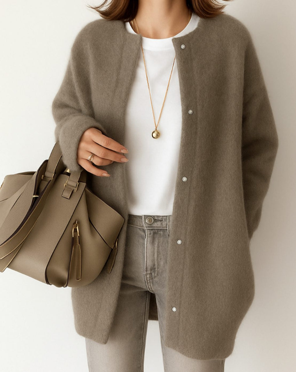 Women's Relaxed-Fit Button-Front Crew Neck Cardigan Sweater - Coffee