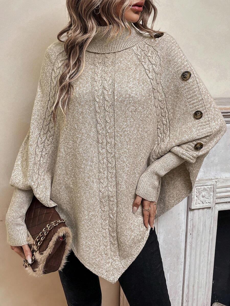 Jacinta – Cable-Stitch Poncho with Button Trim for Women