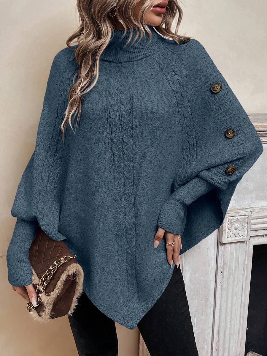 Jacinta – Cable-Stitch Poncho with Button Trim for Women