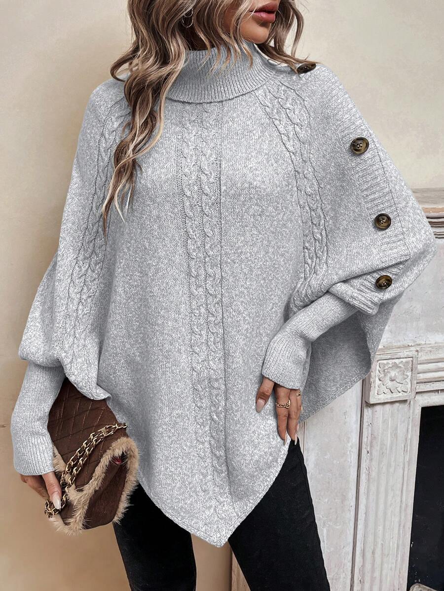 Jacinta – Cable-Stitch Poncho with Button Trim for Women