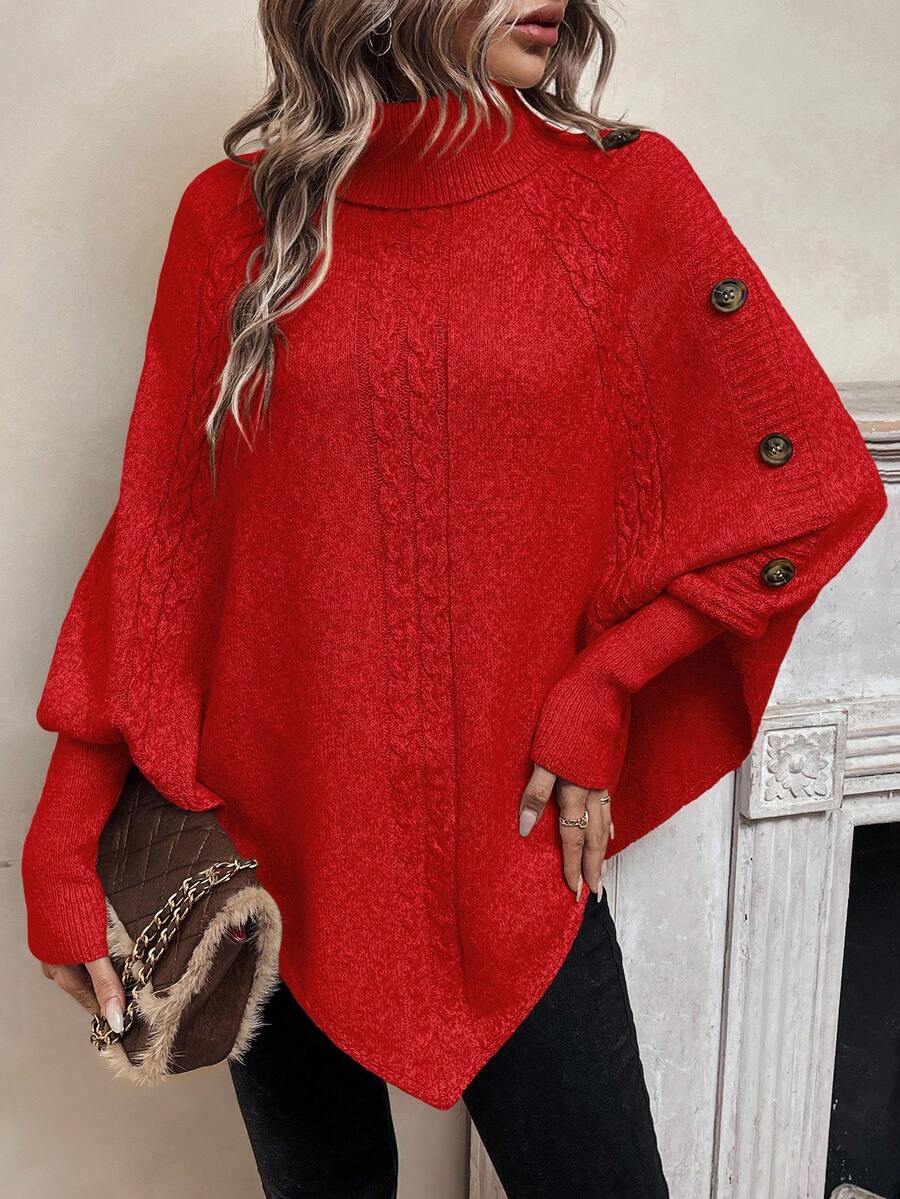 Jacinta – Cable-Stitch Poncho with Button Trim for Women