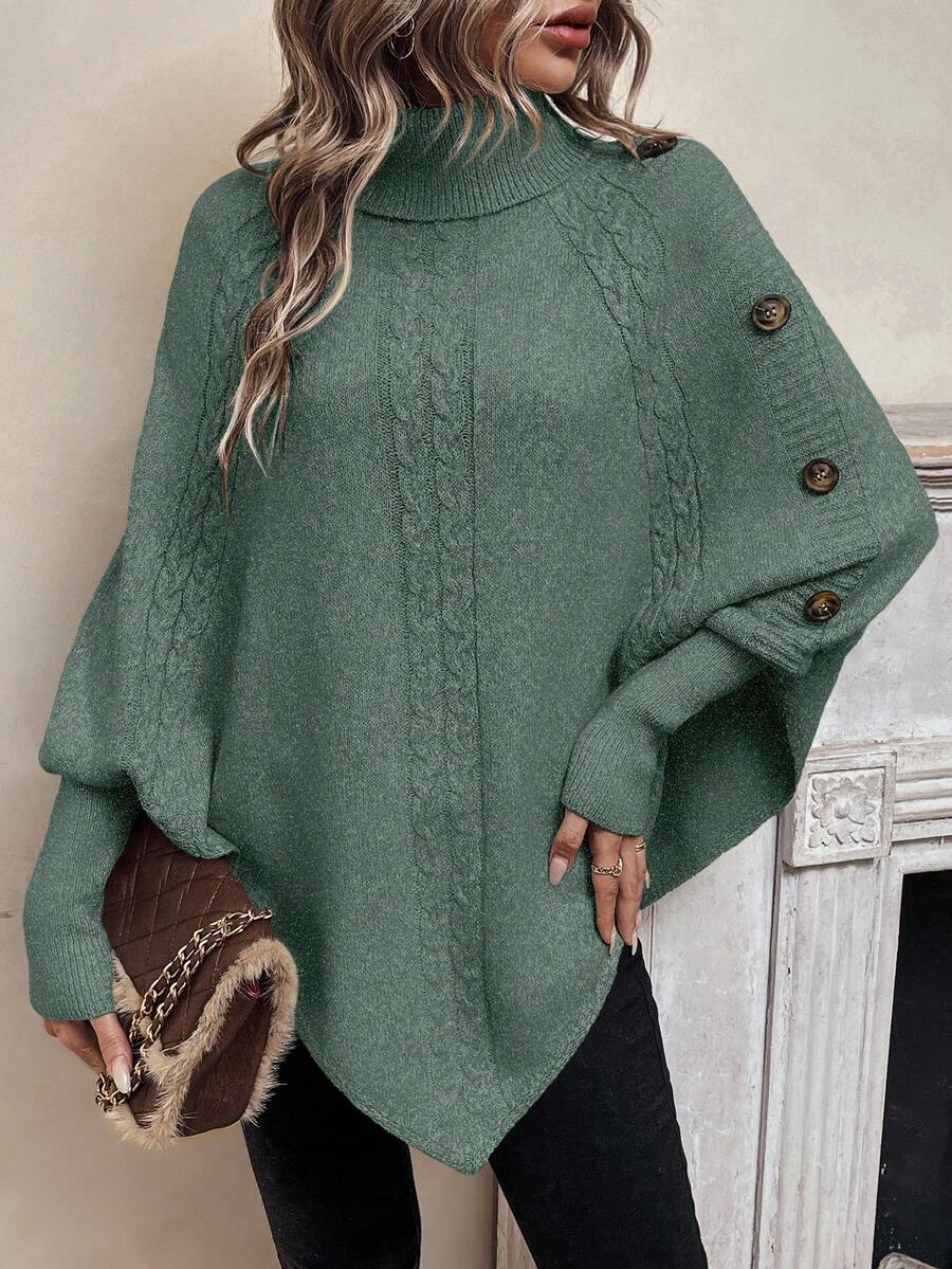 Jacinta – Cable-Stitch Poncho with Button Trim for Women