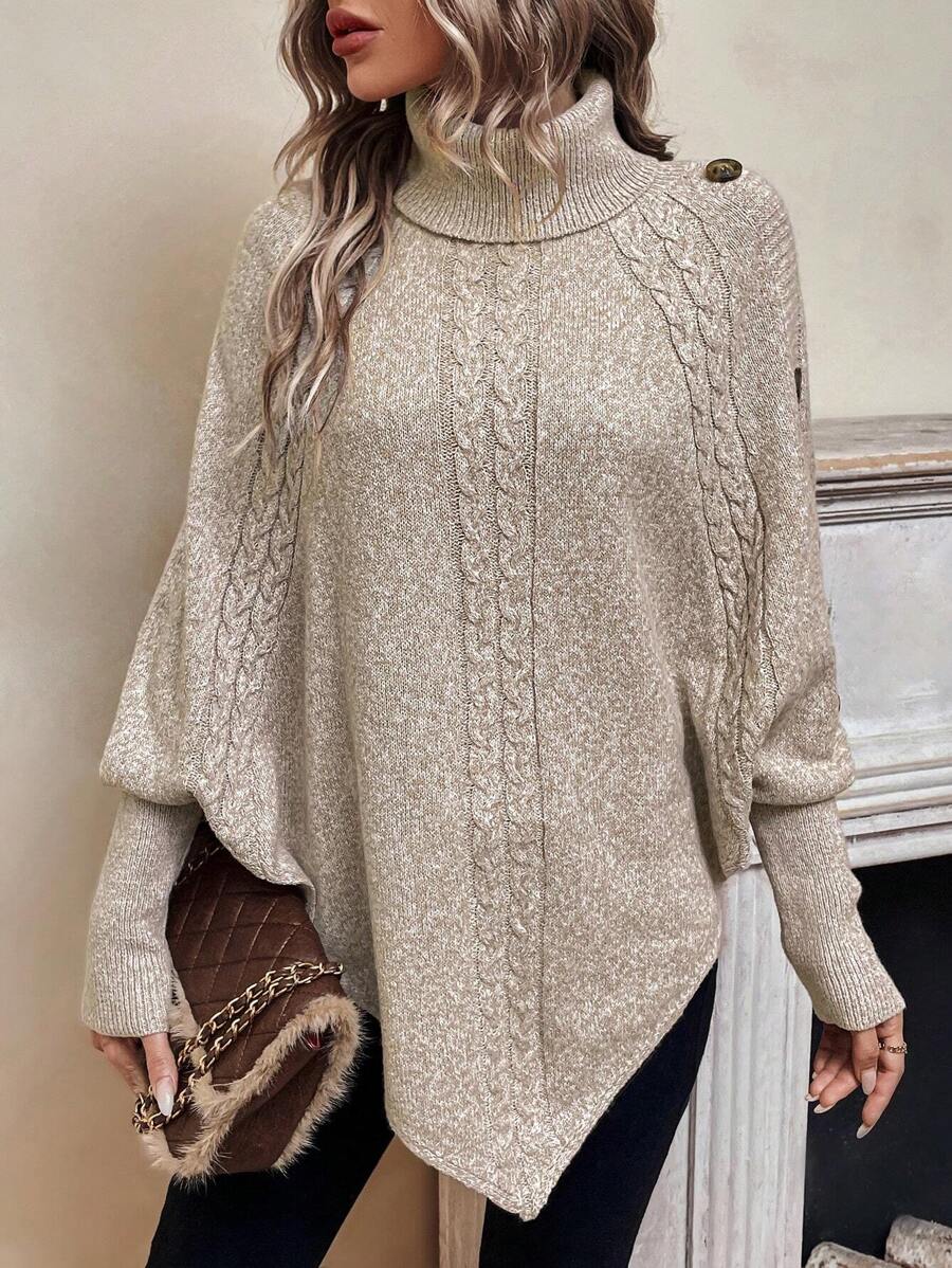 Jacinta – Cable-Stitch Poncho with Button Trim for Women