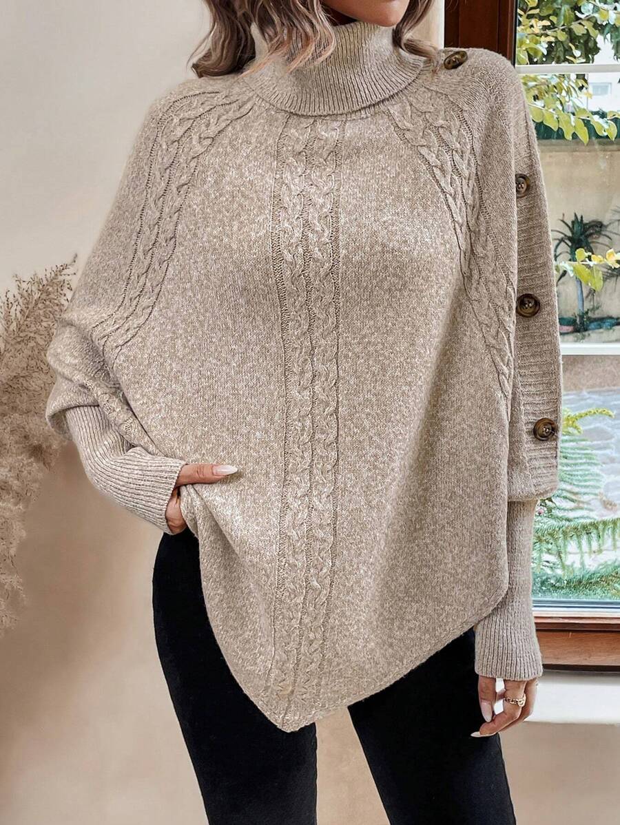 Jacinta – Cable-Stitch Poncho with Button Trim for Women
