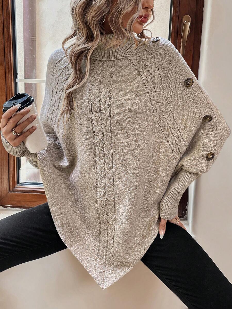 Jacinta – Cable-Stitch Poncho with Button Trim for Women
