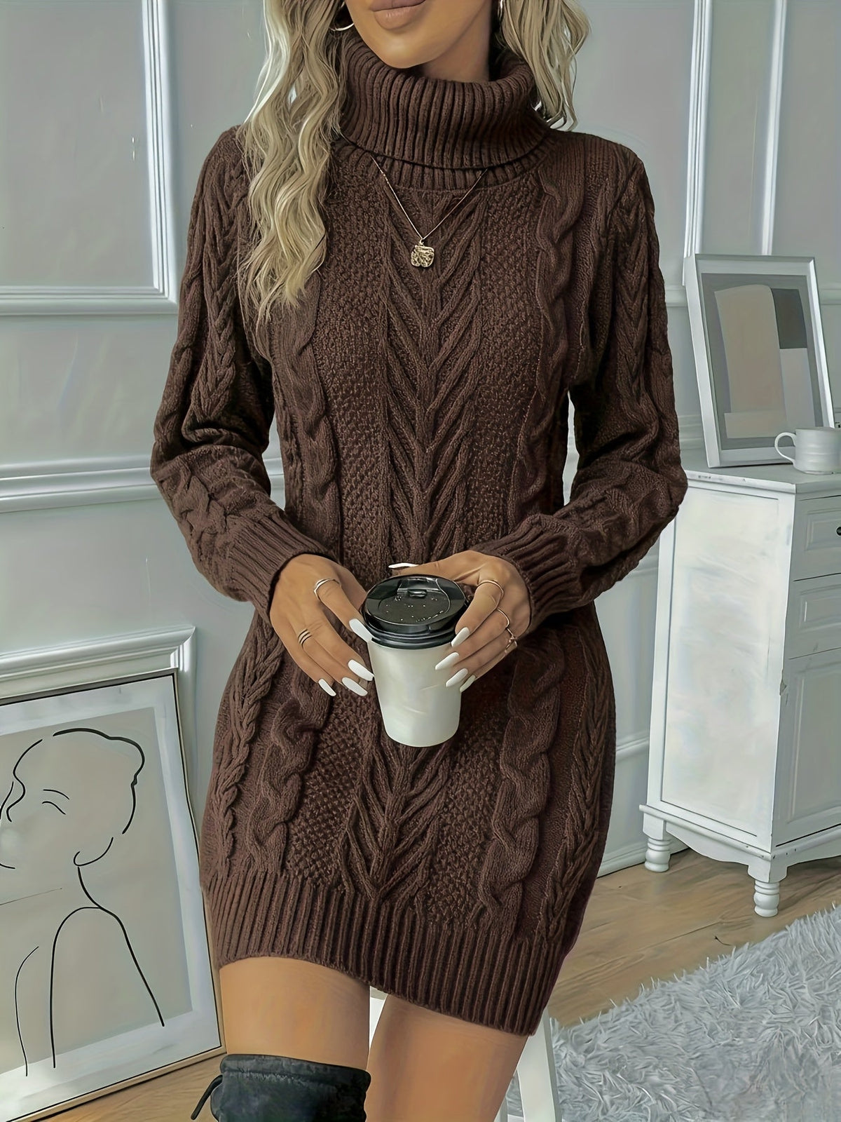 Daisy – Bodycon Cable-Stitch Turtleneck Sweater Dress for Women
