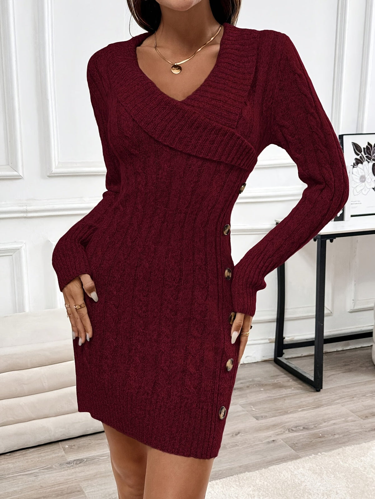 Zoey – Women's Bodycon Sweater Dress with V-Neck Shawl Collar