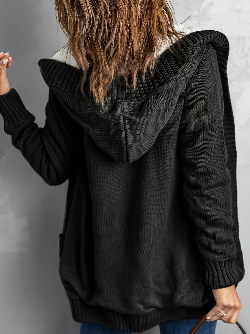 Zolvara | Women's Hooded Cable Knit Cardigan - Light Grey - Image 13