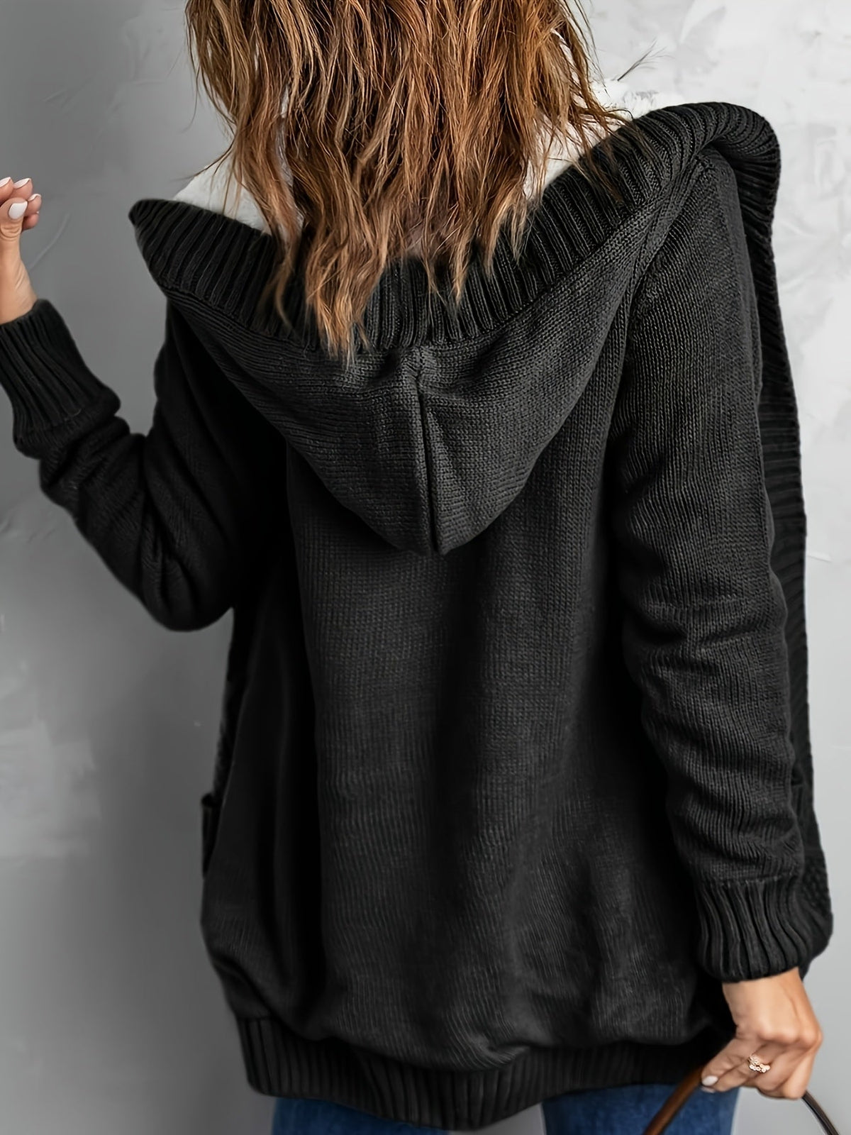 Zolvara | Women's Hooded Cable Knit Cardigan - Light Grey - Image 13