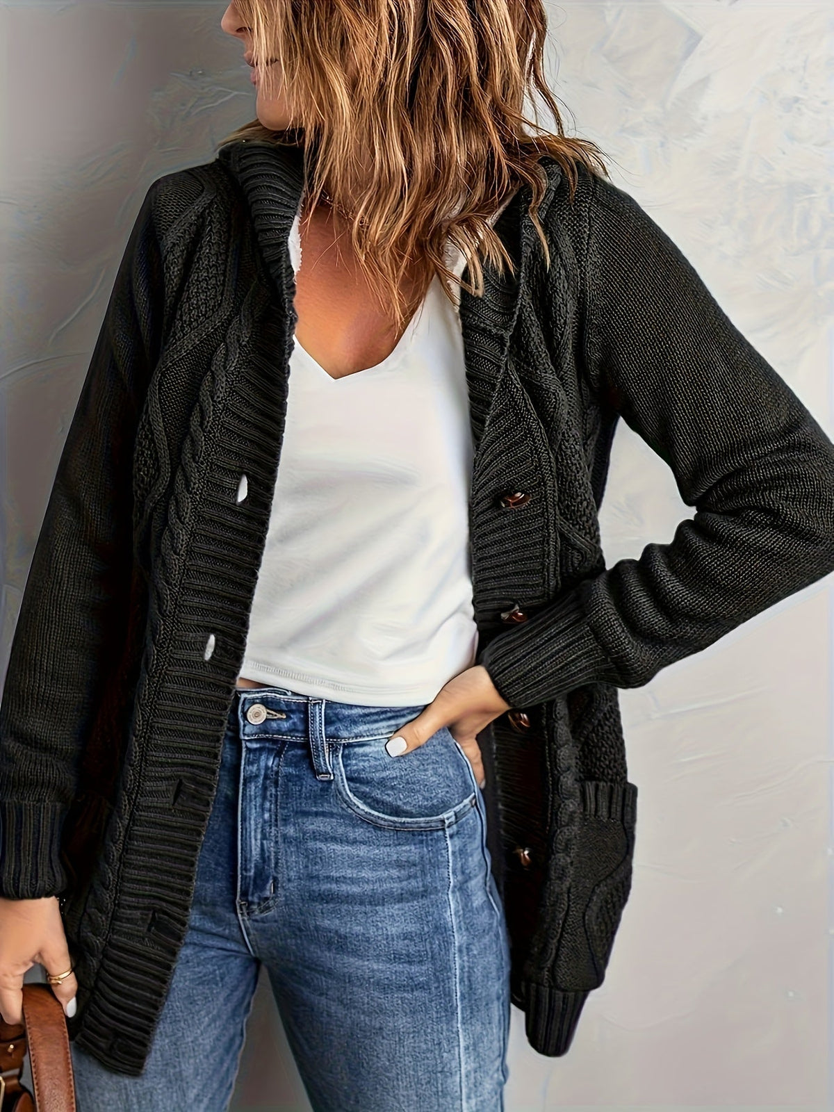 Zolvara | Women's Hooded Cable Knit Cardigan - Light Grey - Image 14