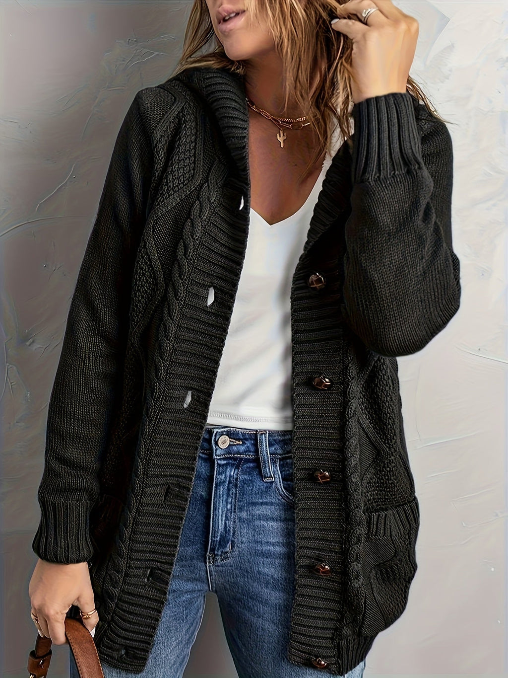 Zolvara | Women's Hooded Cable Knit Cardigan - Light Grey - Image 15