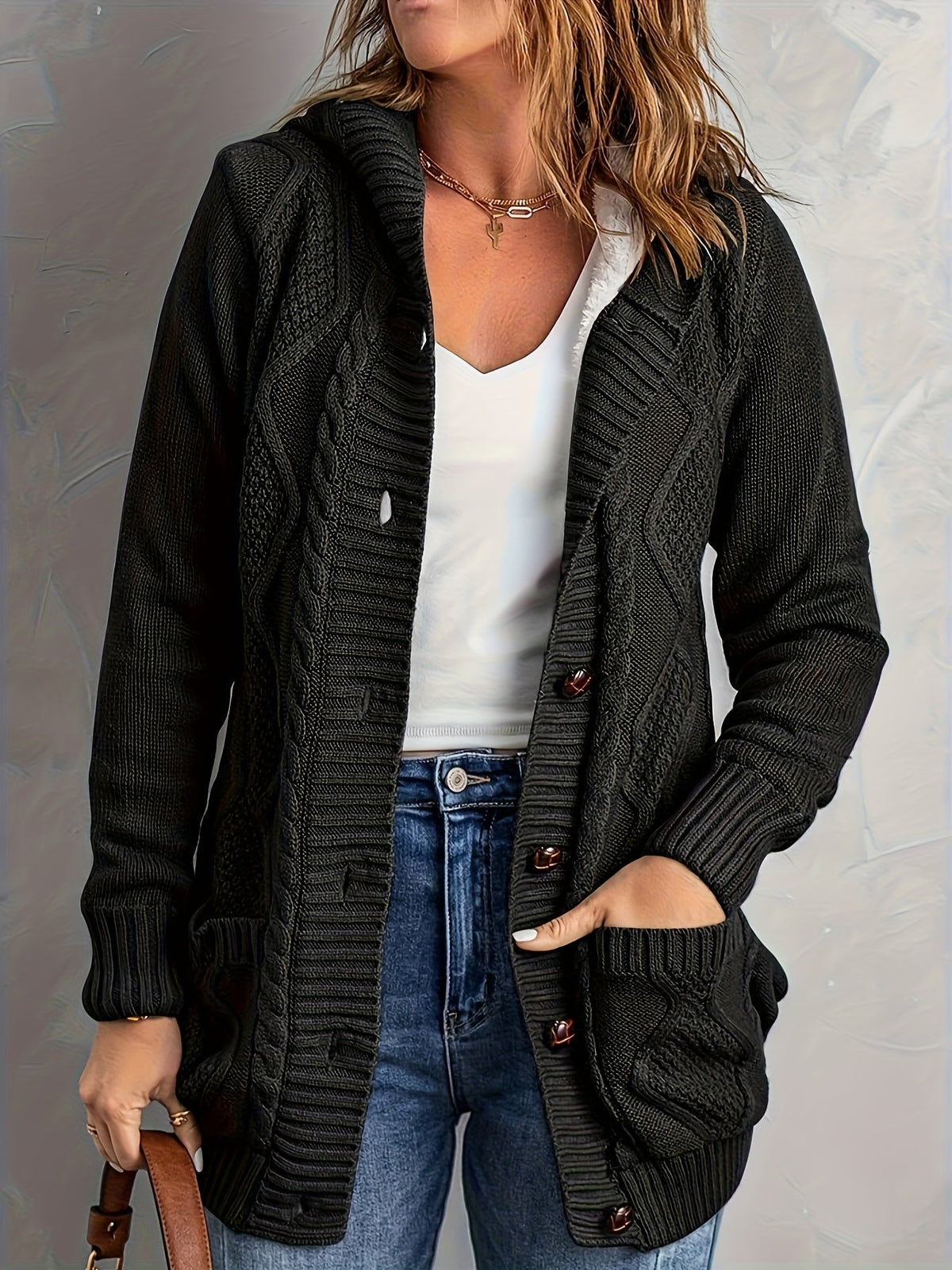 Zolvara | Women's Hooded Cable Knit Cardigan - Light Grey - Image 16