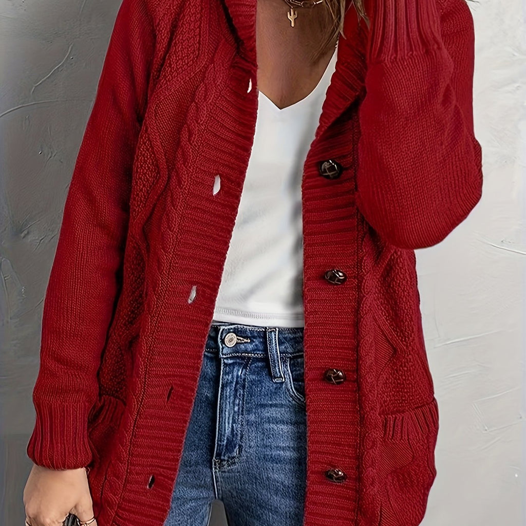 Zolvara | Women's Hooded Cable Knit Cardigan - Light Grey - Image 6