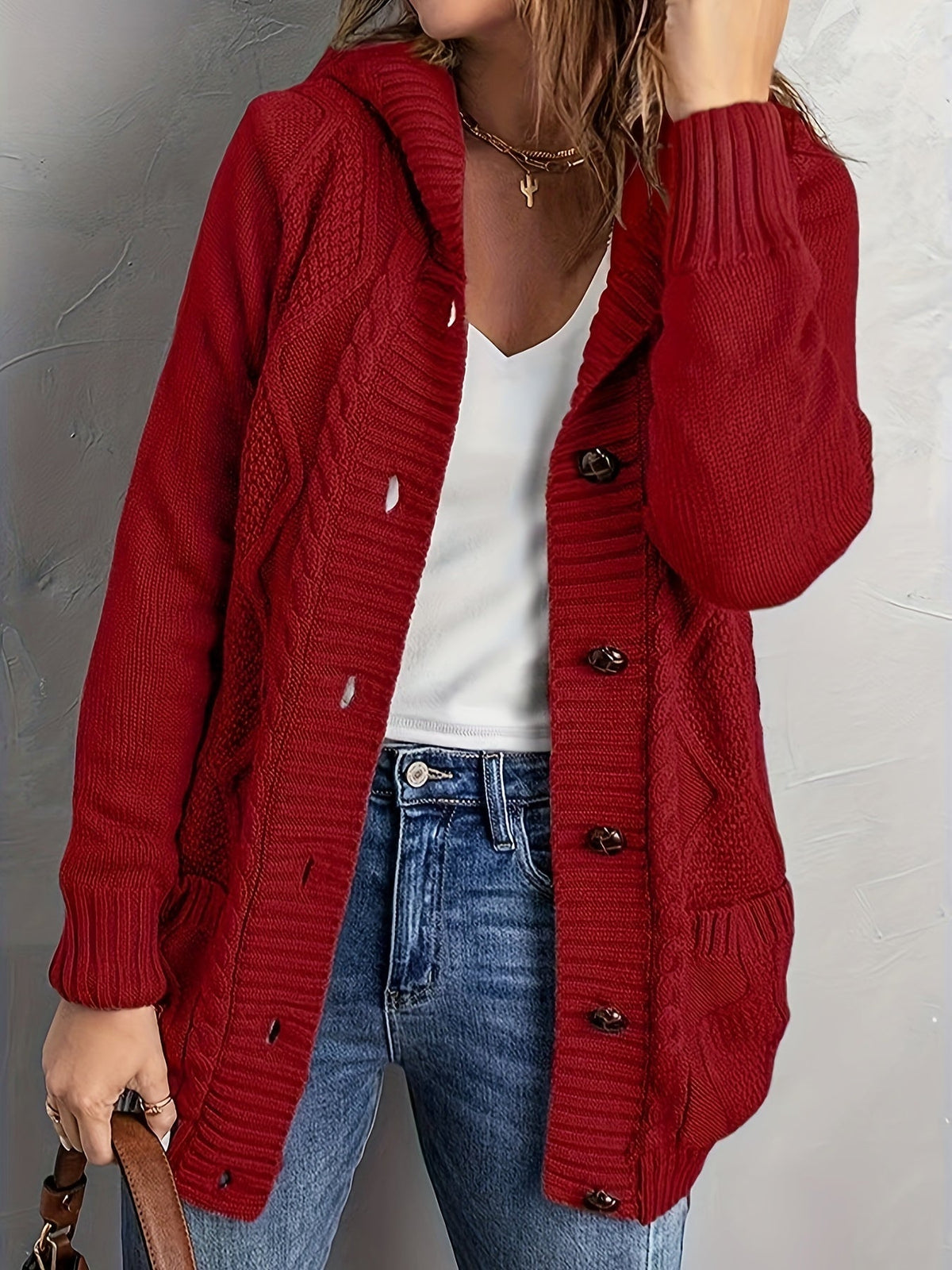 Zolvara | Women's Hooded Cable Knit Cardigan - Light Grey - Image 7