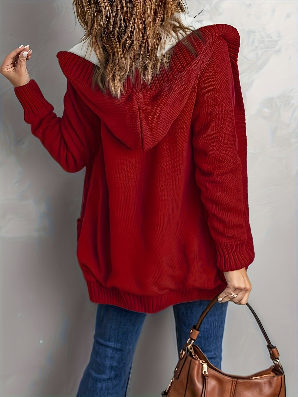 Zolvara | Women's Hooded Cable Knit Cardigan - Light Grey - Image 8